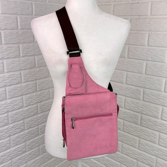 TRAVELON MESSENGER TRAVEL FAUX PINK SUEDE NYLON BAG - Picture 1 of 16